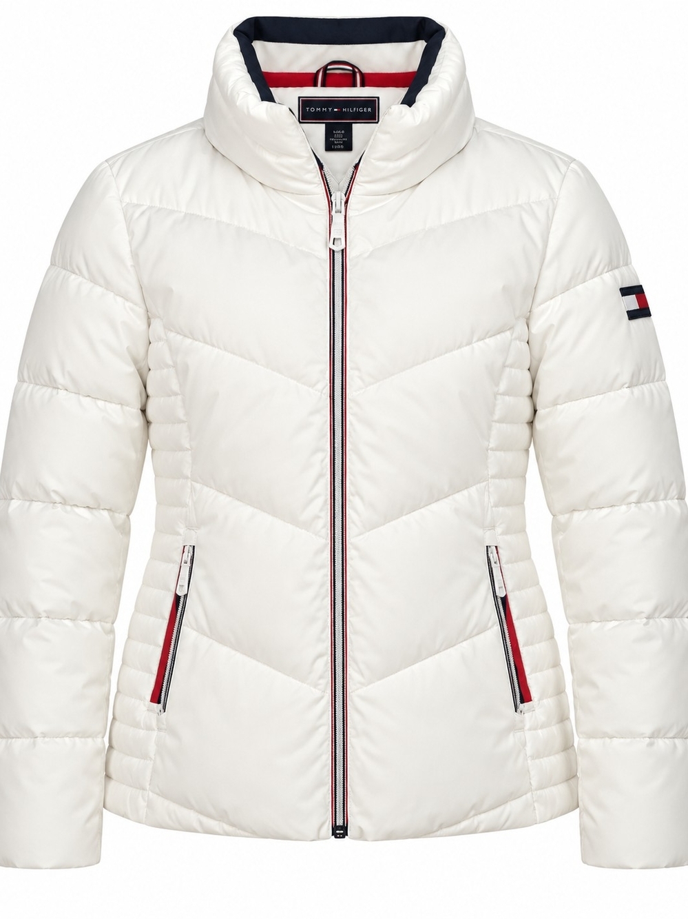 Tommy Hilfiger Women’s L White Puffer Jacket Red White Blue Zip Winter Coat